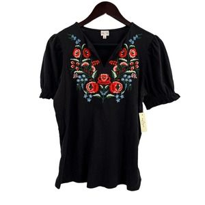 Keep In Touch Boho Floral Embroidered Black‎ Top Size Small New